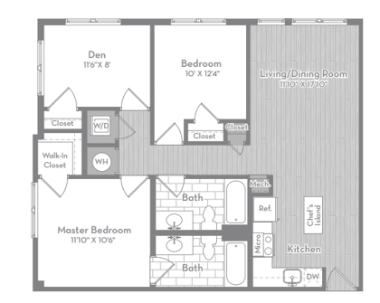 Floor plan for 3 beds, 2 baths, 1141 sqft